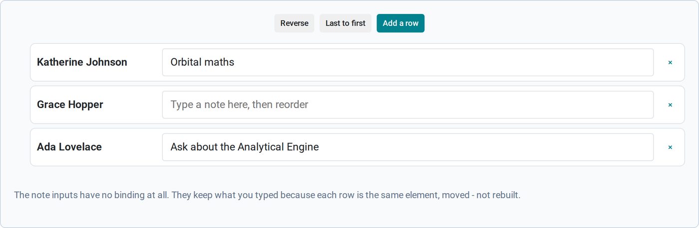 A keyed list after reversing: notes typed into unbound inputs have travelled with their rows