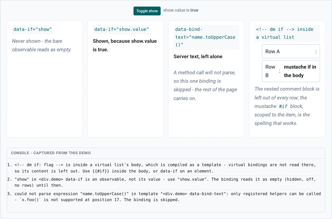 The safety demo: a data-if on a bare observable stays hidden, a method call is skipped, a nested virtual if is left out of every row, and a console panel lists the three warnings the library printed